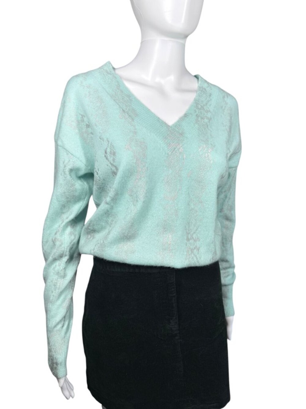 Brodie Cashmere Turquoise Blue Metallic Silver Foil Snakeskin V-Neck Sweater XS